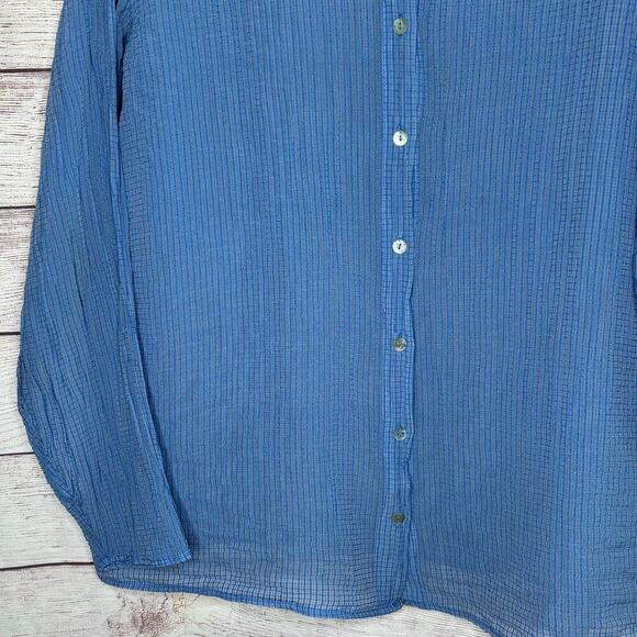 Cut Loose Semi Sheer Blue Crinkle Texture Button Up Long Sleeve Top Size Medium - Picture 4 of 6